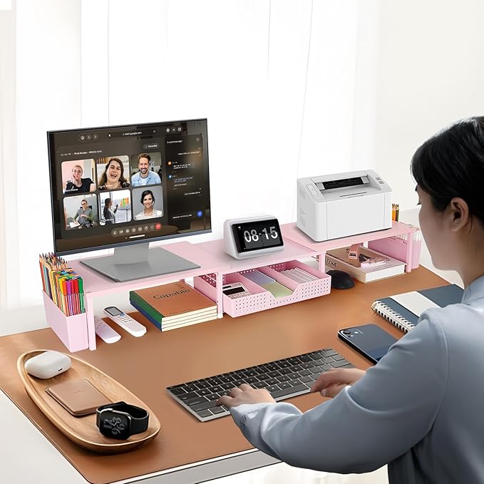 OPNICE Wood Desk Organizers and Accessories, Dual Monitor Stand Riser with Drawer and 2 Pen Holders, Desk Shelf Computer Racks for Office Workspace Organizers, Desktop Organization (Pink)