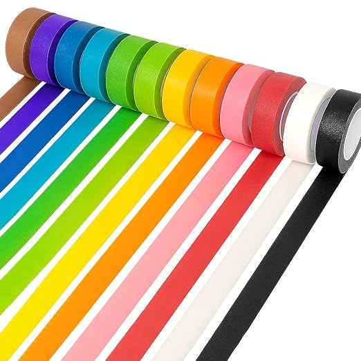 12PCS Colored Masking Tape, Colored Tape for Kids Art Supplies, DIY Craft Tape, Colored Painters Tape for Labeling, Classroom, Decorative, Rainbow Color Tape Rolls 2/3In x 13Yards(1.7cm x 12m)