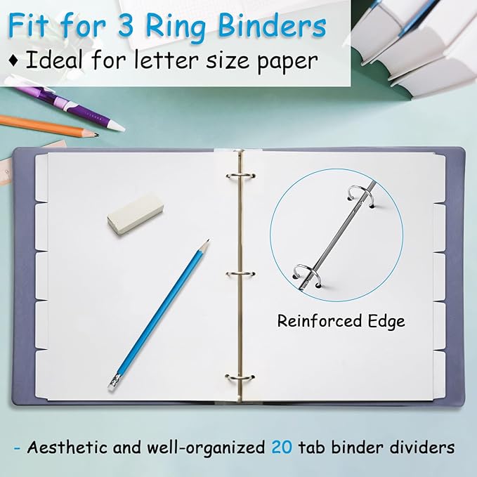 Binder Dividers for 3 Ring Binder, 1/5 Cut Tabs, Letter Size, Blank Write On Page Dividers with 5 Big Tabs for School Office Home, 12 Sets, 60 Dividers, White