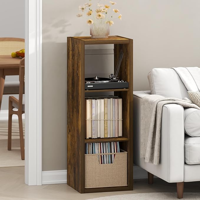 Furinno Cubicle Record Player Stand with Vinyl Storage, 3-Cube 1.2 Extra Thick Vinyl Record Storage, Open Back Media Shelf for CD DVD Blueray Game Disc, for Living Room, Home Office, Amber Pine