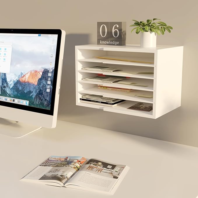 LAPTAIN Desktop File Sorter with 4 Adjustable Shelves for Home and Office, Paper Letter Tray Organizer Wall Mount, White