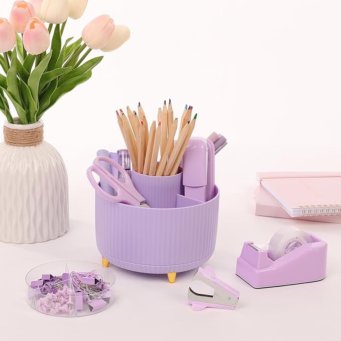 SKYDUE Purple Office Supplies Set, Purple Office Desk Accessories 10PCS, Pencil Holder for Desk, Stapler, Tape Dispenser, Scissors, Ruler, Binder/Paper Clips and 1000pcs Staples,Desk Supplies Set
