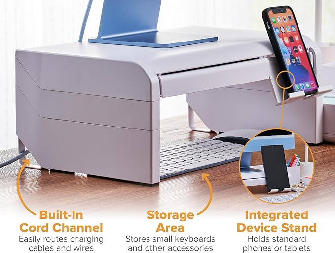 Bostitch Konnect Adjustable Monitor Riser with Drawer, Cell Phone Stand & Pencil Holder, Laptop Stand for Desk, 4 Height Levels, Cable Management & Rubber Feet