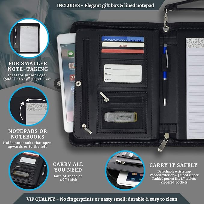 Customized Black Zippered Portfolio Binder with Junior Legal 5x8 Notepad - Engraved PU Leather Business Padfolio Organizer Folder with 8" Tablet Sleeve & Gift Box by Lautus Designs