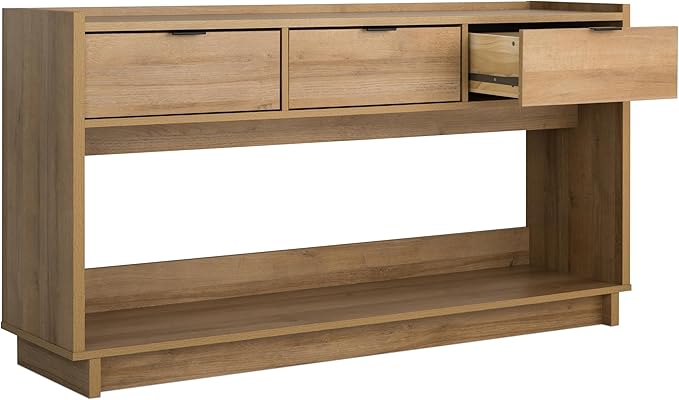 Prepac Natural Oak Simply Modern Entryway Table, Narrow Console Table with 3 Drawers, Media Console with Storage, 15.75" D x 60.25" W x 32" H