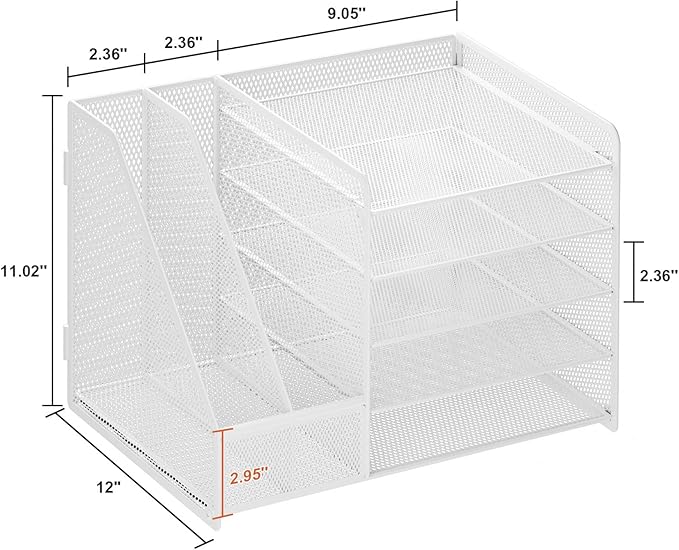 Marbrasse Desk Organizer with File Holder, 5-Tier Paper Letter Tray, Mesh Desk Organizers and Accessories with Magazine Holder, Desktop Organizer and Storage for Office Supplies (White)