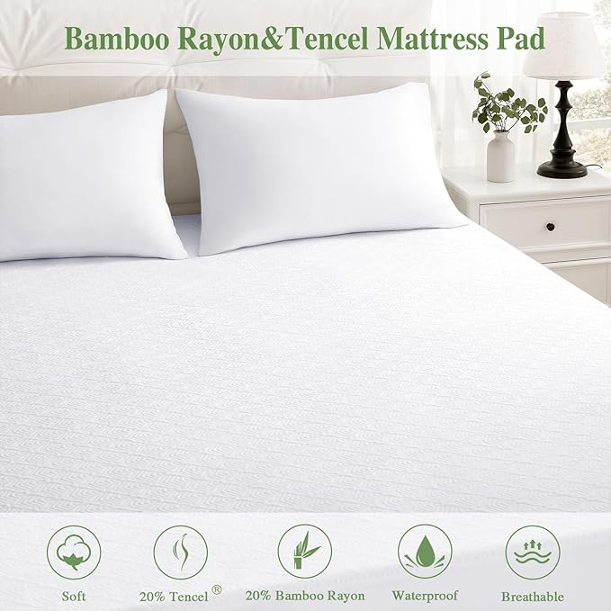 Twin XL Mattress Protector, Waterproof Mattress Pad Washable Rayon Mattress Cover Breathable Noiseless Bed Protector 3D Patterns 5" - 21'' Elastic Fitted Deep Pocket(White)
