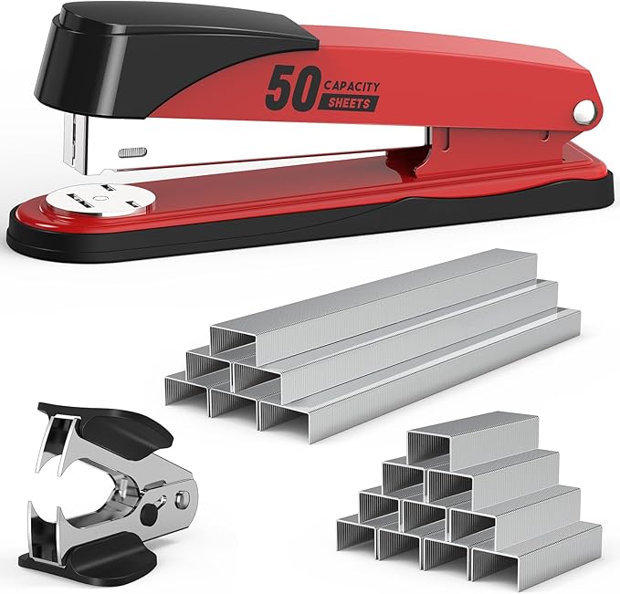Metal Stapler Heavy Duty 50 Sheet Capacity with 1750 Staples and Staple Remover, Full Strip Staplers for Desk, No Jam, Non-Slip for Office & Classroom, Red