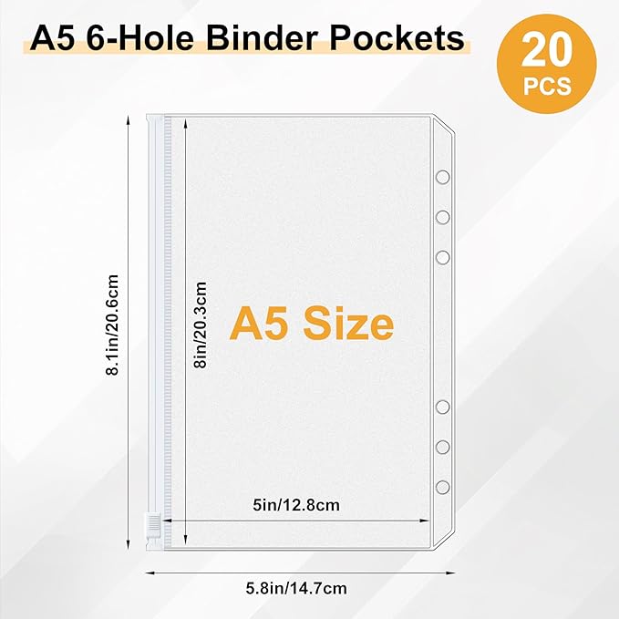 Antner 20pcs A5 Binder Pockets 6-Hole Budget Planner Inserts Cash Stuffing Envelopes for Money Organizer, White Zipper Pouch Folders Waterproof PVC Loose Leaf Filling Bags for A5 6-Ring Savings Binder