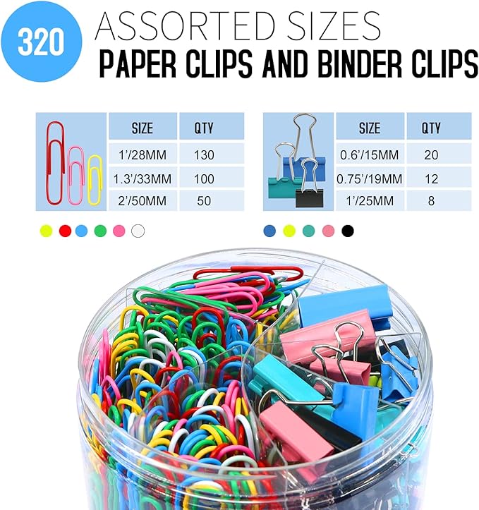 Paper Clips Binder Clips Set, Paperclips Large Medium and Small, 320PCS Colored Paper Clips and Binder Clips Assorted Sizes for Home Office School Document Organizing