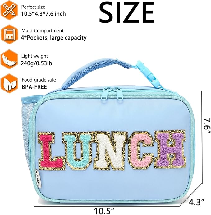 Insulated Lunch Box for School, Thermal Reusable Durable Freezable Lunch Bags for Kids Boys Girls Men Women - Small Soft Cooler Portable Lunch Tote Kit for Work Picnic Travel,Blue Alphabet