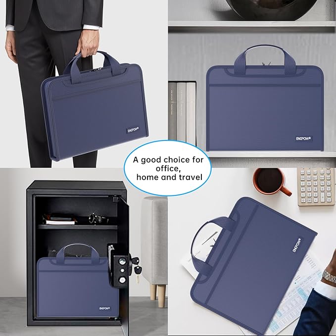 ENGPOW Accordion File Organizer,Fireproof Expanding File Folder with Multi Pockets,13 Pockets Document Organizer with Handle & Labels,Portable Home Travel Safe Storage Folder for Letter A4 Files,Blue