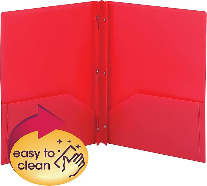 Smead Poly Two-Pocket Folder, Three-Hole Punch Prong Fasteners, Letter Size, Red, 3 Per Pack (87730)