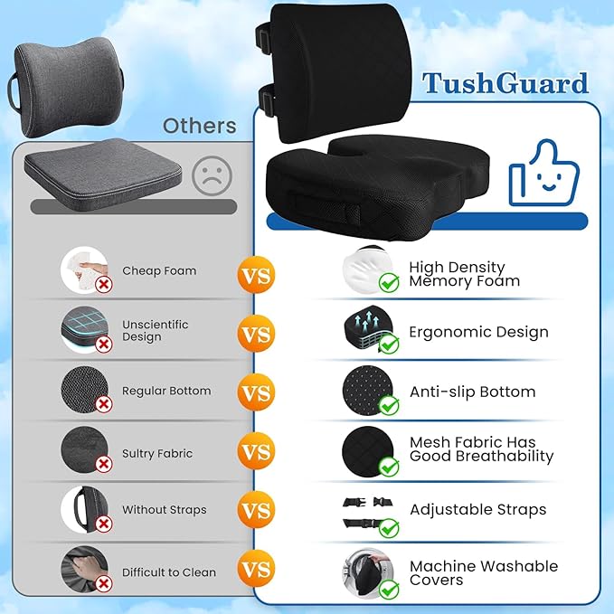 TushGuard Back&Seat Cushion, Car Seat Office Chair Cushions, Memory Foam Lumbar Back Support Pillow, Portable Airplane Seat Cushion for Travel, Computer Desk, Wheelchair, Driving (Black, X-Large)