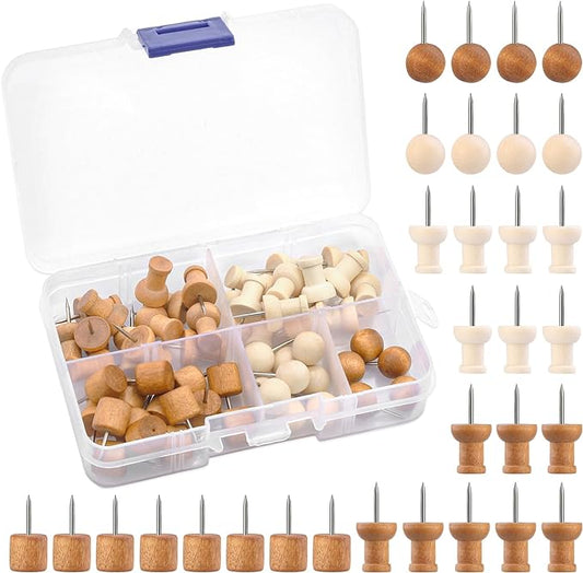 60 Pcs Wood Push Pins, 2 Colors and 5 Types Decorative Thumb Tacks Wooden Head Pin Map Tacks Marking Pin, Wood Thumb Tacks Decorative for Bulletin Boards Craft Projects with Storage Box
