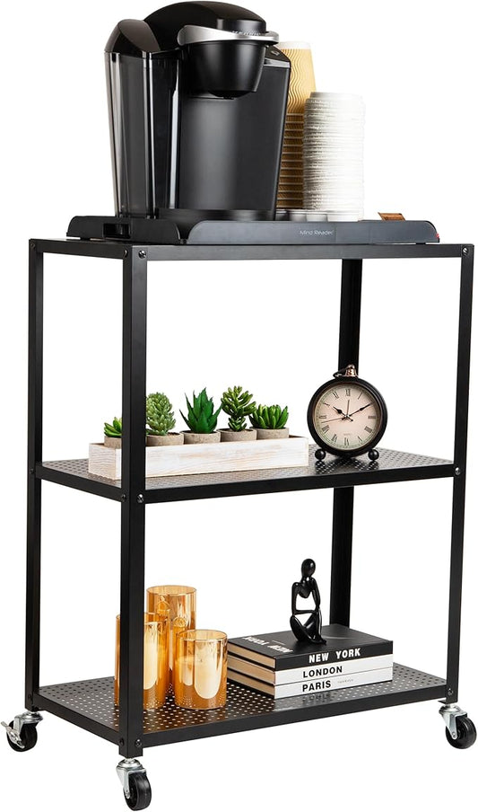 Mind Reader Rolling Cart, Rolling Cart, Microwave Stand, 3-Tier, Coffee Cart, Office, Metal, 23" L x 12" W x 30" H, Black