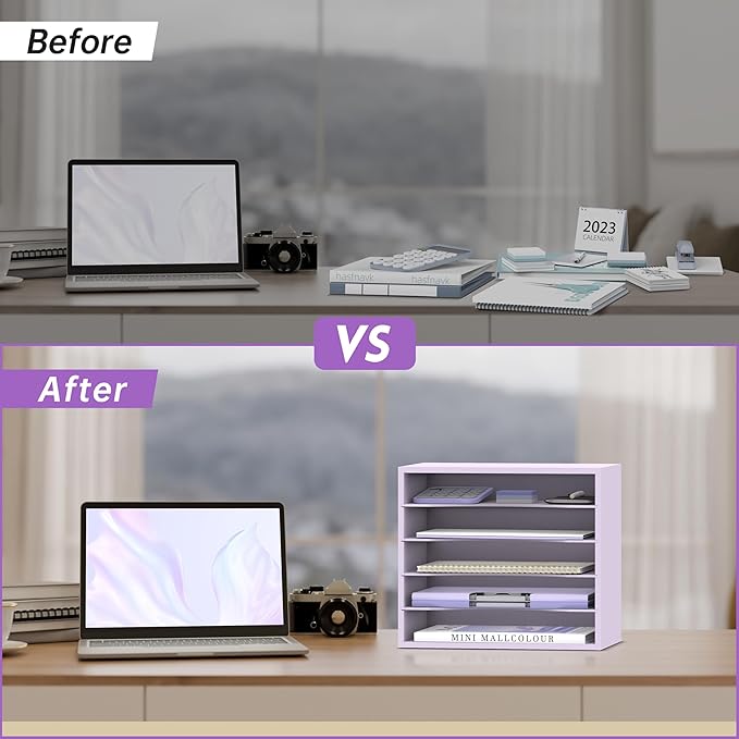 SUPEASY Wood Desk Organizer, 5 Tier Paper File Organizer for Desk, Wooden Desktop Organizer, Paper Letter Literature Mail Sorter, for Office School & Home Organization, Purple