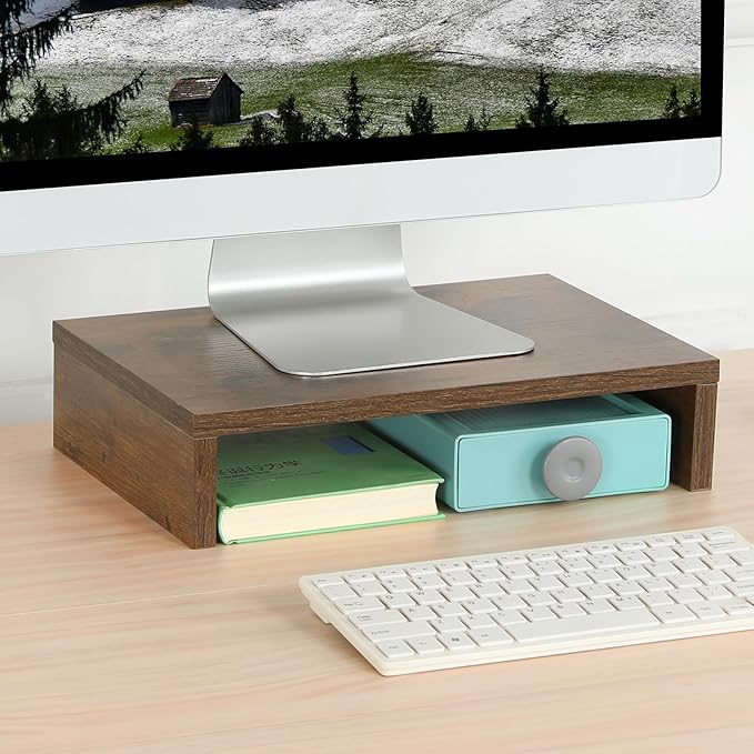 TEAMIX 14.2 inch Monitor Stand Riser, Rustic Brown Wood Monitor Riser with Storage for Desk Small Monitor Stand TV/Screen/PC/Laptop Riser Computer Stand Desktop Shelf (Brown-14.2 inch)