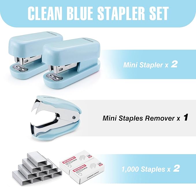WORKPRO Mini Stapler with Staples, Blue Stapler Set Includes Two Small Staplers, One Staple Remover, 2000 Standard Staples, Lock Design, Non-Slip Base - Staplers for Desk, Classroom, Office