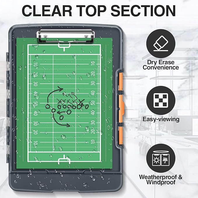 Sooez Original Clipboard with 2 Storage & Pen Holder, Heavy Duty Clip Boards 8.5x11 with Dual Storage, Clearview Dry Erase Coach Clipboard with Real Hinge, High Capacity, School & Office Supplies