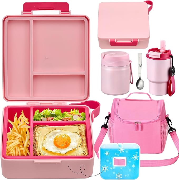 Lunch Box Set with Bento Box Container, 17OZ Stainless Steel Food Soup Thermo, Kids Water Bottle & Portable Insulated Lunch Bag – Leakproof, Hot/Cold Retention for School, Travel(Pink)