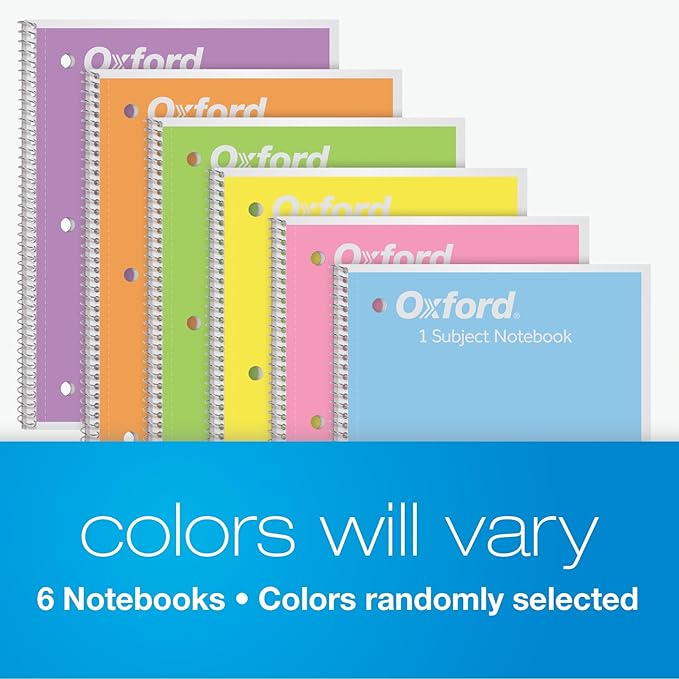 Oxford Spiral Notebooks, 6 Pack, 1 Subject, Wide Ruled Notebooks for School, 8 x 10.5 Inches, 70 Sheets, Assorted Pastel Colors, Back to School Supplies (63757)
