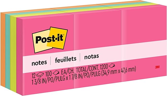 Post-it Mini Notes, 1 3/8 in. x 1 7/8 in., 12 Sticky Notes Pads, 100 Sheets per Pad, Poptimistic Collection, School Supplies and Oﬃce Products, The Original Post-it Note