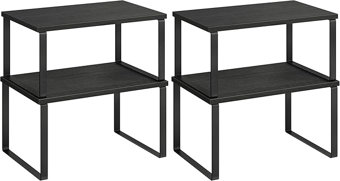 SONGMICS Cabinet Organizer Shelf, Set of 2 Kitchen Counter Shelves, Kitchen Storage, Spice Rack, Stackable, Expandable, Metal and Engineered Wood, Ink Black and Charcoal Black UKCS02B01 (Pack of 2)