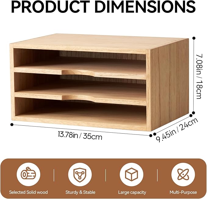 KIRIGEN Wooden Desktop Organizer Paper Storage Letter Tray File Sorter - Desk Rack Magazine File Dividers Holders for Home Office Accessories Wood Desk Cabinet with 3 Layer Trays Natural(3KWJG-NA)