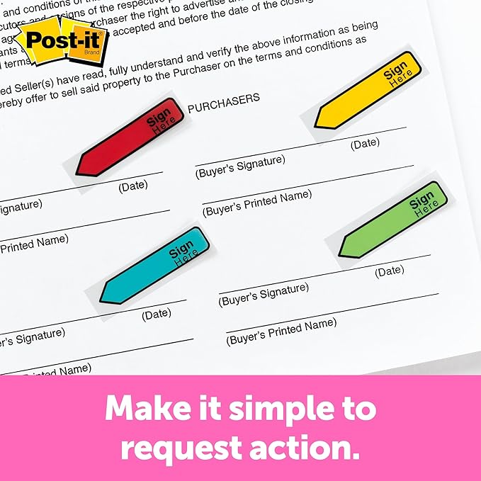 Post-it Message Flags, Sign and Date, 30/Dispenser, 4 Dispensers/Pack, .47 in Wide, Assorted Colors (684-SD) (24 Pack)