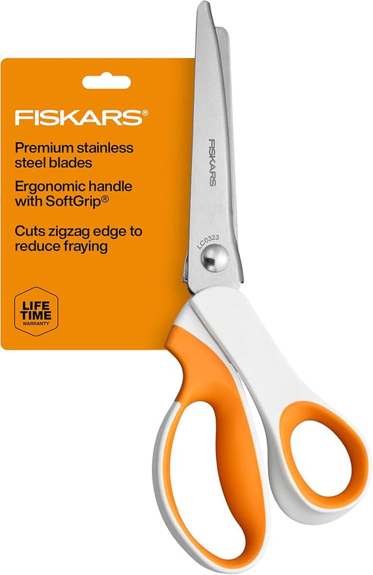 Fiskars Pinking Shears, Gifts for Mom, Fabric Scissors with Ergonomic Handle,Zig Zag Edge and Stainless Steel Blades, Orange/White