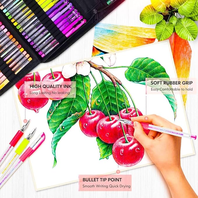 Soucolor Markers for Adult Coloring Books, Coloring Markers for Teacher Appreciation Gift School Office Supplies, 120-Piece Art Set: 60 Gel Pens + 60 Refills with Travel Case for Kids Card Making