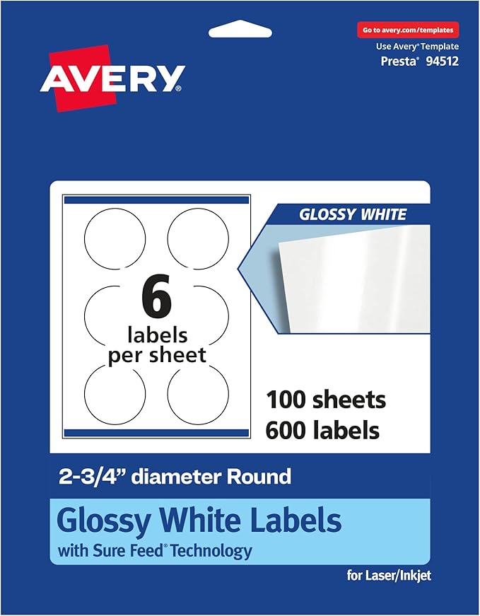 Avery Glossy White Round Labels, Sure Feed Technology, 2.75" Diameter, 600 Glossy White Labels, Print-to-The-Edge, Permanent Adhesive, Laser/Inkjet Printable