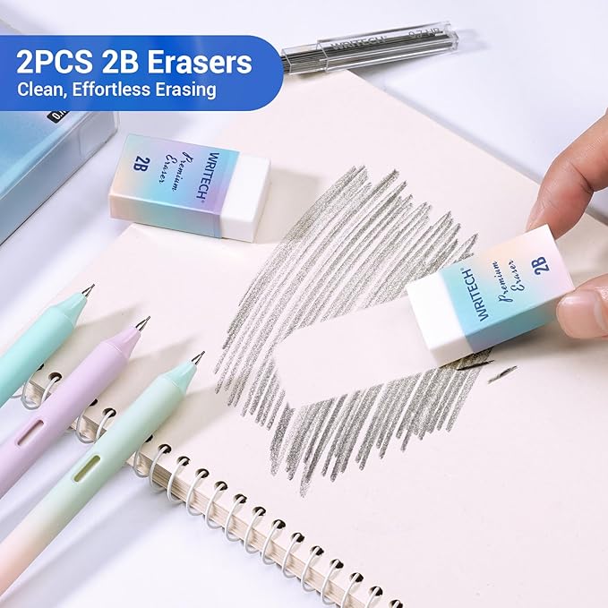 WRITECH Up Mechanical Pencil Set: 6ct Gradient Barrel 0.7mm Mechanical Pencils with 4 Tubes of HB Lead Refills and 2 Extra Erasers for Writing Drawing Sketching Drafting