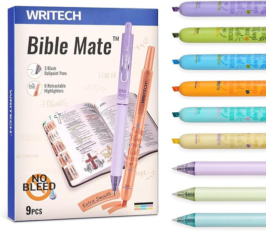 WRITECH Bible Mate Journaling Set: No Bleed Bible Highlighters & 0.7mm Black Ink Ballpoint Pens, Fast-Drying Ink, Pastel Colors Highlighter, Journaling Kit, 9ct