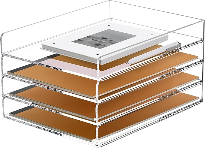 SANRUI 4 Tier Stackable Paper Letter Tray, Acrylic Vertical File Tray A4 Desk Organizer and Accessories Sorter Trays, Clear Workspace Office Supplies Organizers,12inx9.25inx6.6in