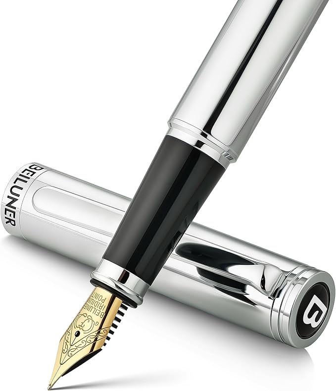 BEILUNER Silver Fountain Pen,Stunning Luxury Pens with Bright Silver Chrome, Gorgeous 24K Gilded Nib(Fine),Gift Pen Set for Men&Women -Ink Converter-Elegant, Professional, Nice Pen for Writing