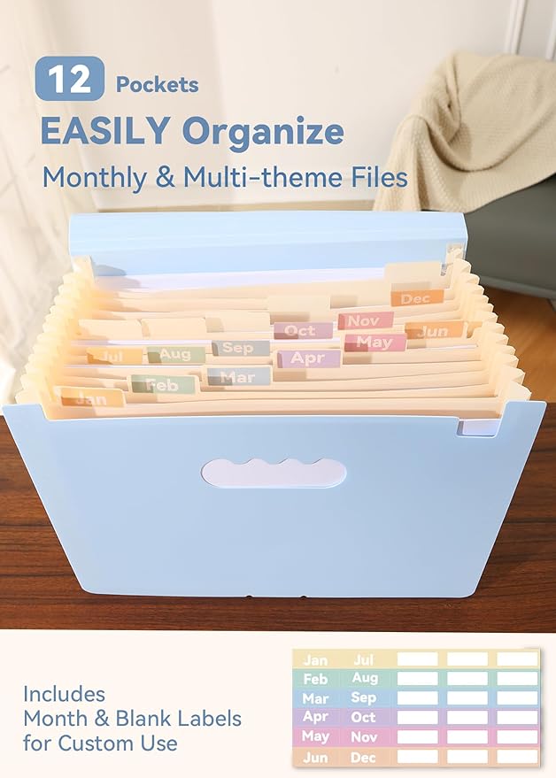 Accordion File Organizer 12 Pockets, Monthly Bill Receipt Tax Organizer, Expanding File Folders with Larger Bright Tabs, Fits Letter/A4 Size - Blue