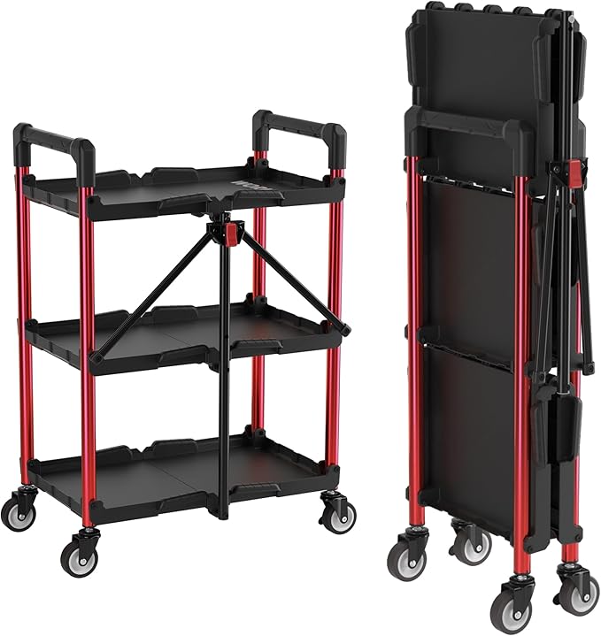 WORKPRO 3-Tier Collapsible Service Cart, 210 LBS Foldable Utility Service Cart with Wheels, Portable Tool Cart for Garage, Warehouse, Home, Restaurant, Office (No Assembly Required)