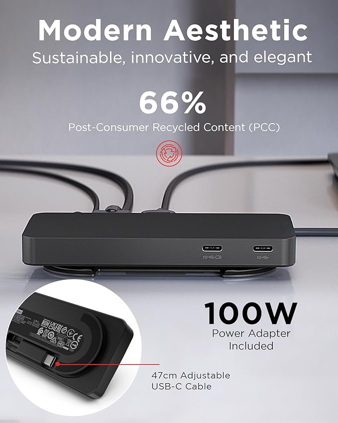 Lenovo USB-C Dual Display Travel Dock w/ 100W Power Adapter - 7 Ports, Integrated USB-C Cable, Universal Compatibility, Dual Displays at 4K - Black