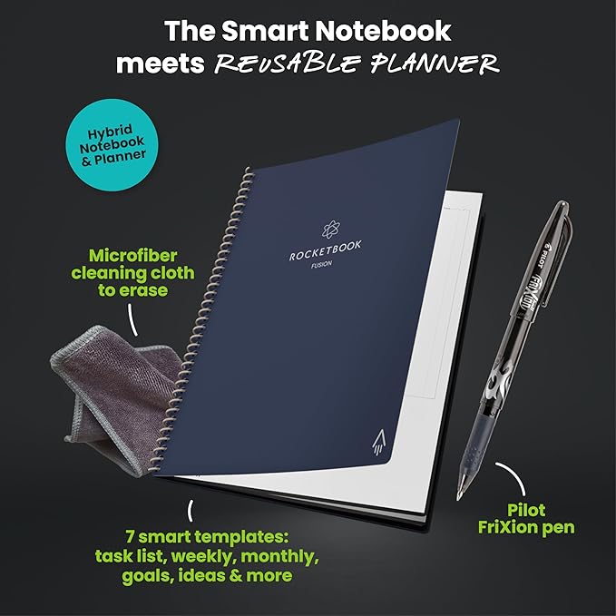Rocketbook Fusion Hybrid Reusable Planner and Notebook in One, Additional Blank Pages, Goal and Project Tracker, Undated Planner, Letter Size 8.5x11, Blue (Pack of 1)