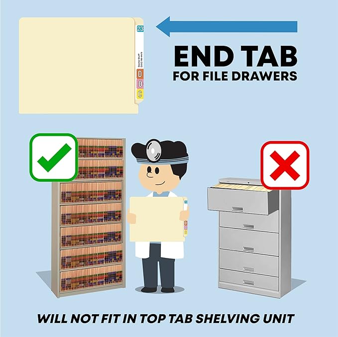 Medical File Folders, Doctor Stuff, 11 pt Manila Folders, Full Cut, 2 Ply, Letter Size, Reinforced End Tab Folders, Box of 100