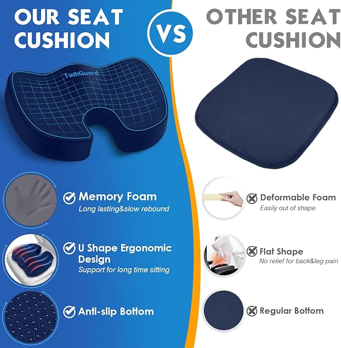 TushGuard Seat Cushion for Office Chair Memory Foam Non-Slip Desk Seat Cushion Back, Coccyx, Sciatica, Tailbone Pain Relief Butt Pillow for Office Chair, Car, Wheelchair, Blue