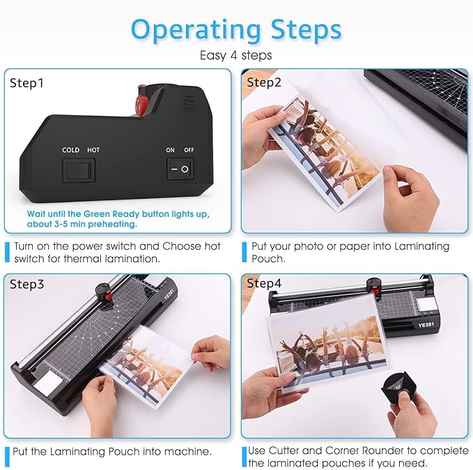 Laminator Machine for A3/A4/A6, YE381 13inch Thermal & Cold Laminating Machine for Home Office School Teacher Use with 50 Pouches, Paper Trimmer and Corner Rounder