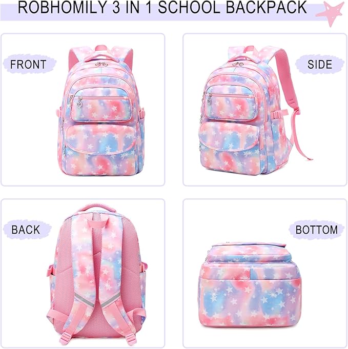 Girls Backpack with Lunch Box for Elementary Middle School,17 Inch Purple Lightweight School Backpack with Lunch Bags Set for Girls
