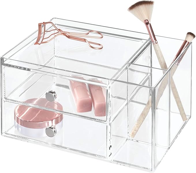 iDesign Plastic Vanity, Compact Storage Set Compartments for Cosmetics, Dental Supplies, Hair Care, Bathroom, Dorm, Desk, Countertop, Office, 6.5" x 6.5" x 6.5", 2 Drawer-Side Organizer