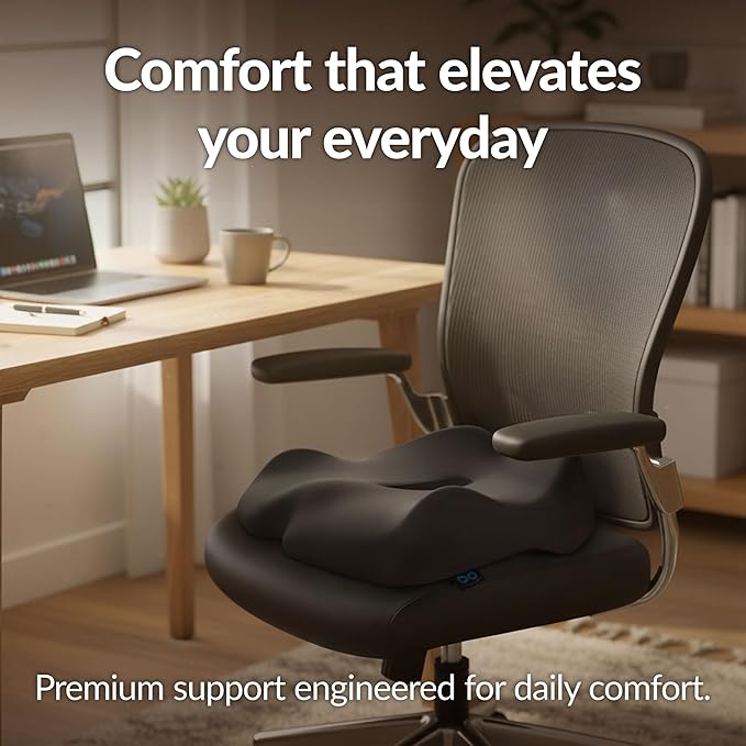 Everlasting Comfort Doctor Recommended Memory Foam Seat Cushion for Office Chairs & Car - Ergonomic Office Desk Accessories - Cushions for Tailbone Pain Relief, Sciatica & Back Support Pillow