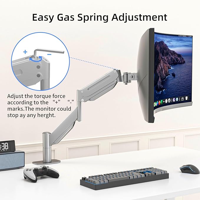 Suptek Ultrawide Monitor Arm Mount for 17 to 43 Inch Heavy Duty Curved Screen,Holds 28.6 lbs,Adjustable Gas Spring Monitor Arm Desk Mount Stand,75/100 Vesa Mount,Silver(MD71MS)