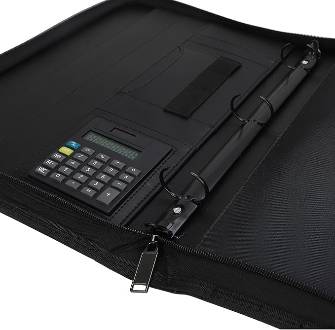 Business Portfolio with Zipper 3 Ring Binder Organizer - PU Leather Folder Padfolio Document Organizer with Solar Calculator,Writing Pad