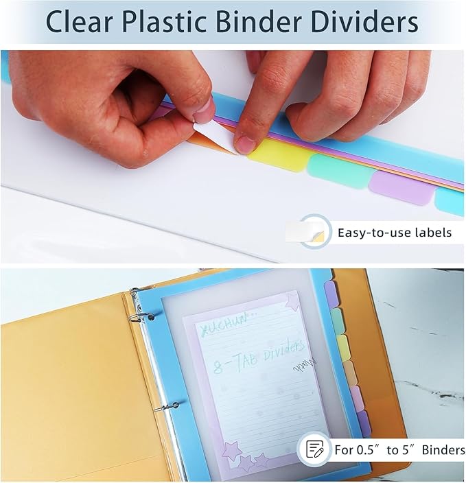30Pcs/6 Set 5 Tab Clear Plastic Binder Dividers with Tab,for 3 Ring Binder,Customizable Labels, Multicolor, Durable & Tear-Resistant
